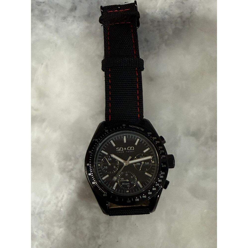 SO&CO New York Men’s Black Multifunction Watch 100M Tachymeter NATO Strap Quartz
